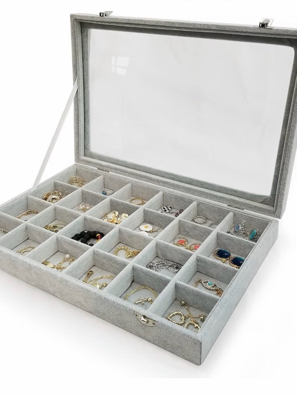 Gray Velvet Jewelry Organizer Box with Clear Lid